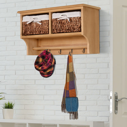 Entryway Coat Rack Wall Mounted Shelf w/ 2 Corn Husk Baskets and Hooks