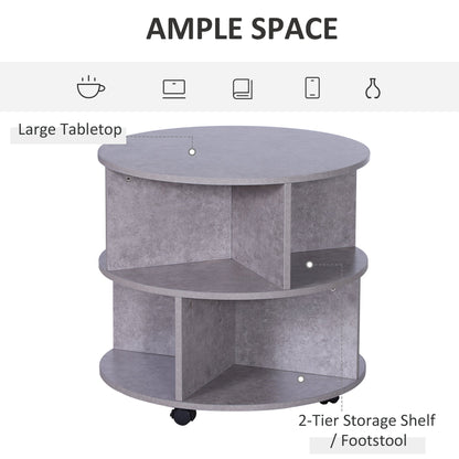 2 Tier Round Side End Table Coffee Desk with Divided Shelves Tea Table Storage Unit Living Room Organiser with Wheels - Cement colour