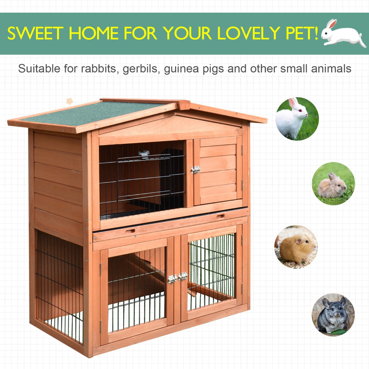 PawHut  2 Tier Outdoor Rabbit Small Animal Enclosure with Ramp Tray to Raised Home & Below Run Area