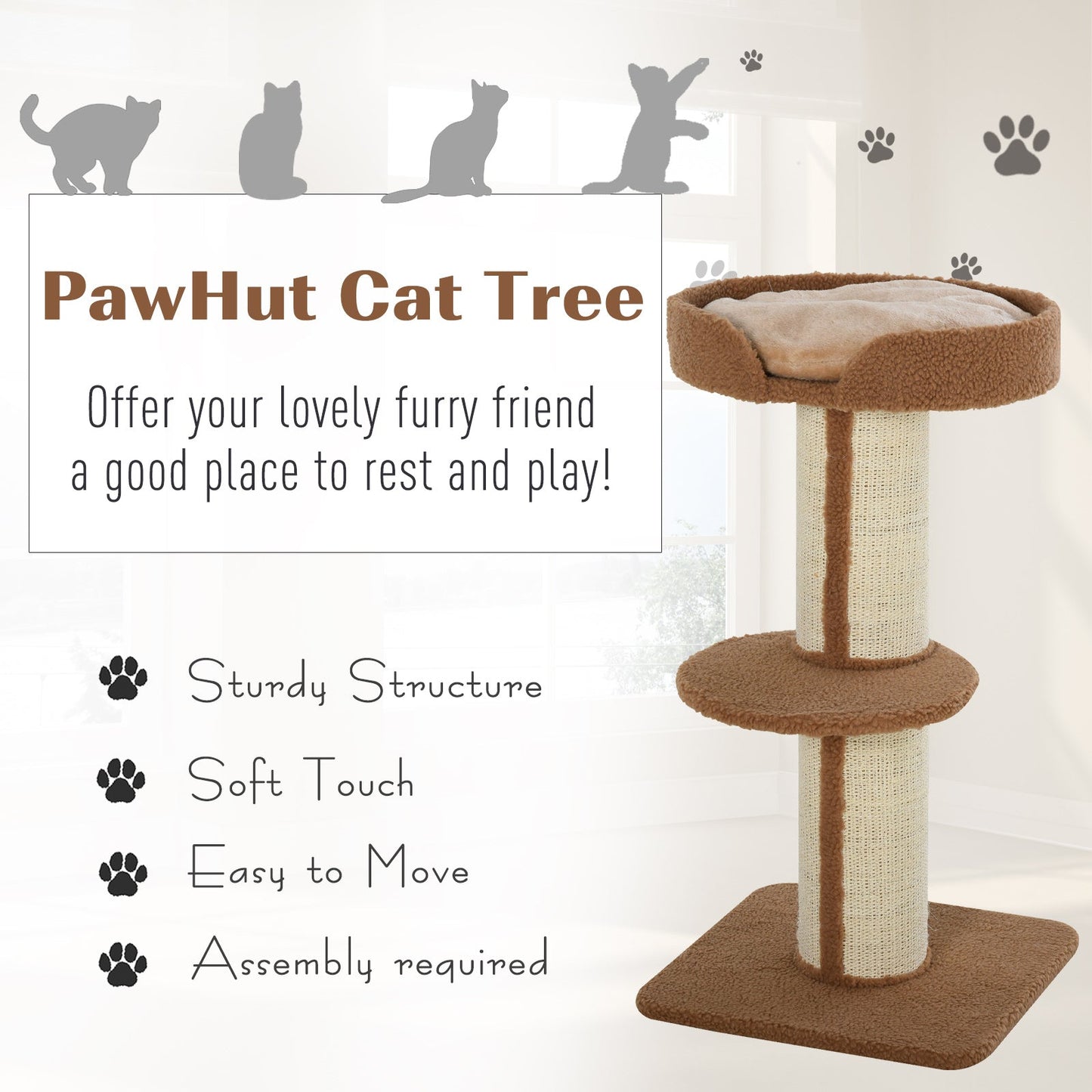 PawHut 91cm Cat Tree for Indoor Cats Kitten Activity Center Play Tower Perches Sisal Scratching Post Lamb Cashmere Brown