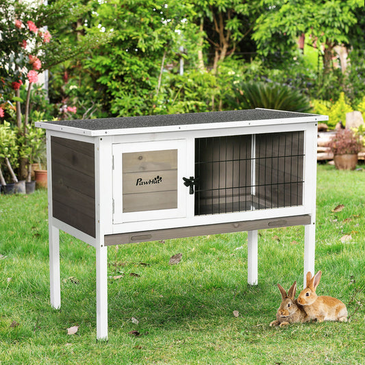 PawHut Wooden Rabbit Hutch Guinea Pig Hutch Bunny Cage Backyard Built in Tray Openable Asphalt Roof Small Animal House 86 x 45 x 70 cm Brown