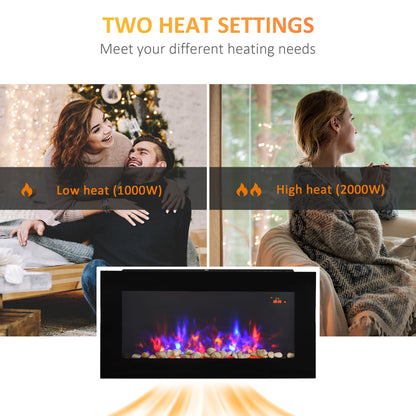 2000W Wall Mounted Tempered Large LED Flat Glass Electric Fireplace Heater Black