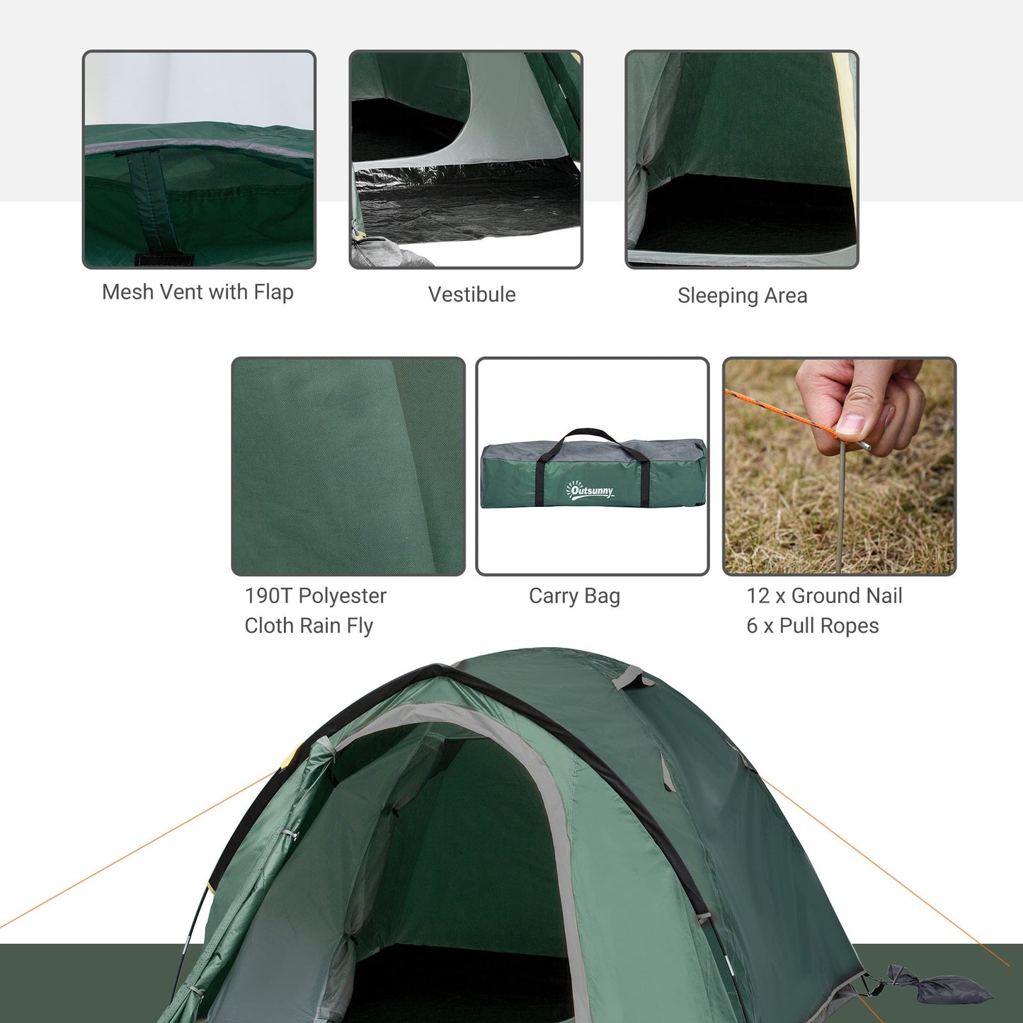 Dome Tent for 3-4 Person Family Tent with Large Windows Waterproof Green