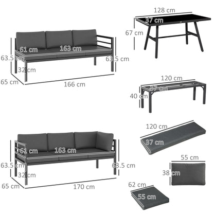 4 Piece L-shaped Garden Furniture Set 8 Seater Aluminium Outdoor Dining Set Conversation Sofa Set w/ Bench