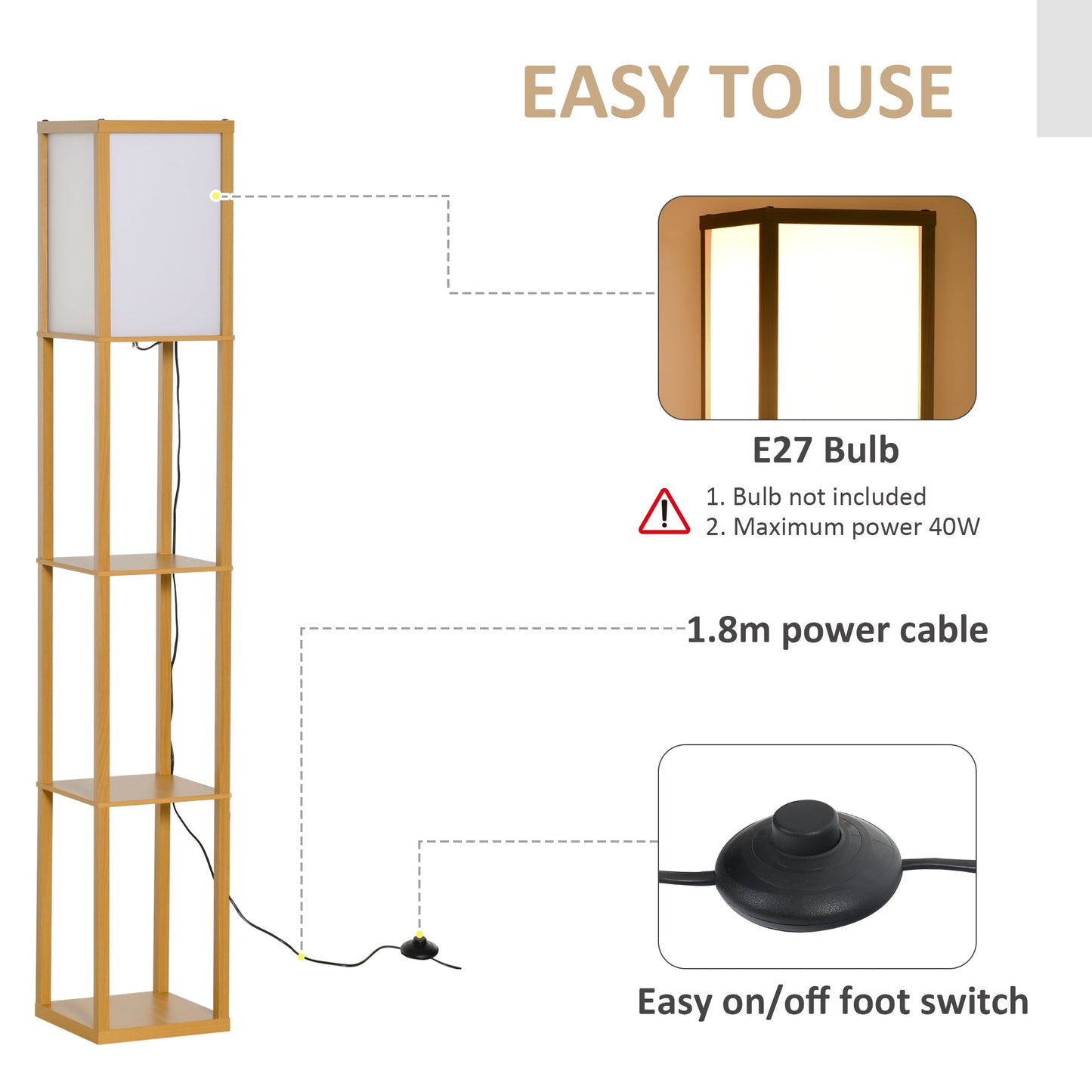 4-Tier Floor Lamp Standing Lamp with Storage Shelf for Home Office Dorm Natural