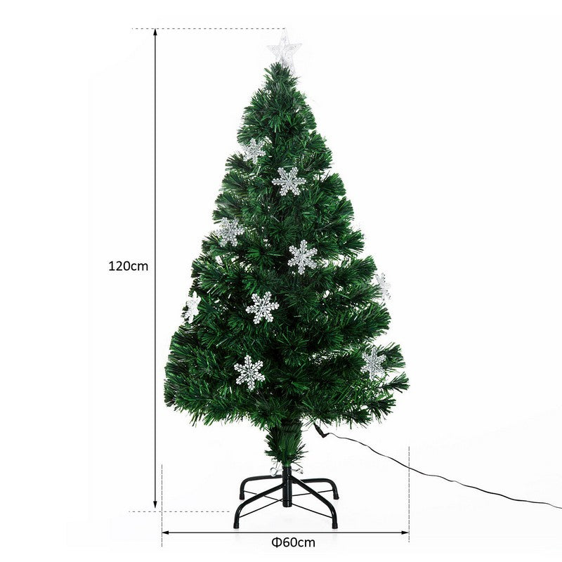 Homcom 4FT Green Fibre Optic Artificial Christmas Tree Xmas Colourful LED Scattered Tree with Snowflakes Ornaments Fireproofing