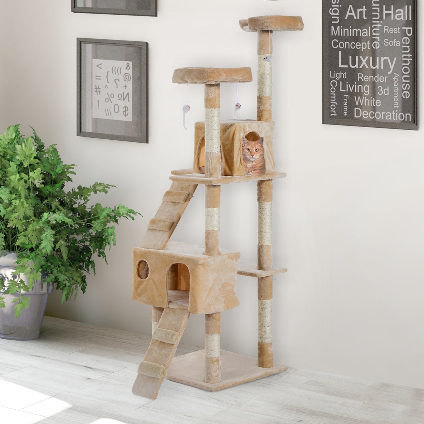 PawHut 170cm Cat Tree Kitten Kitty Scratcher Post Climbing Tower Activity Center House-Cream