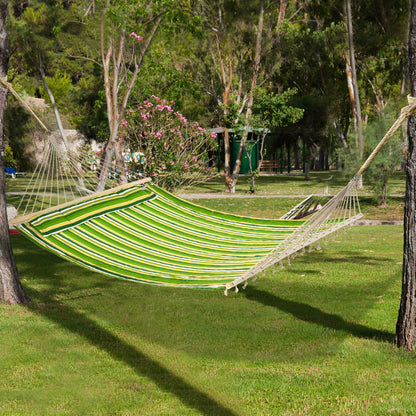 Outsunny Double Cotton Hammock Camping Swing Outdoor Garden Beach Stripe Hanging Bed With Pillow 188L X 140W (cm) Green