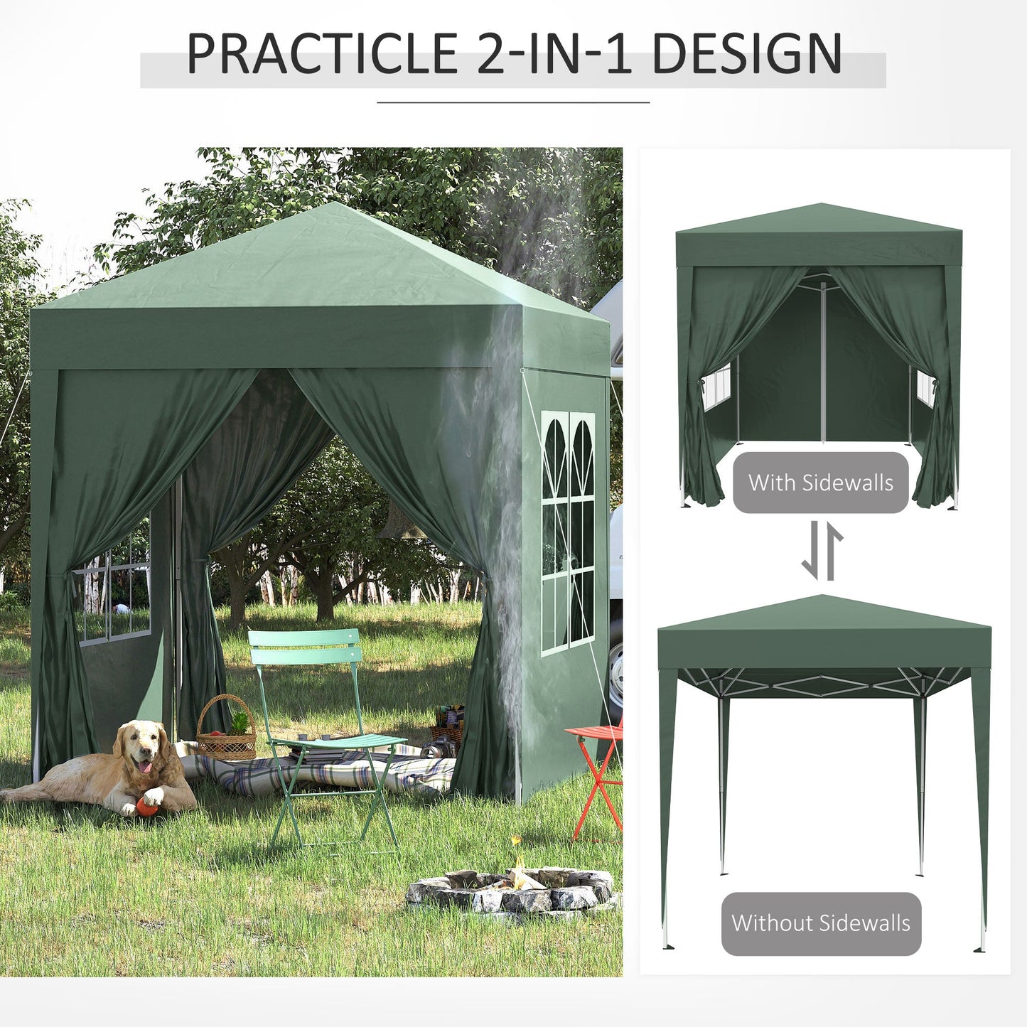 2m x 2m Garden Pop Up Gazebo Marquee Party Tent Wedding Awning Canopy New With free Carrying Case Green + Removable 2 Walls 2 Windows