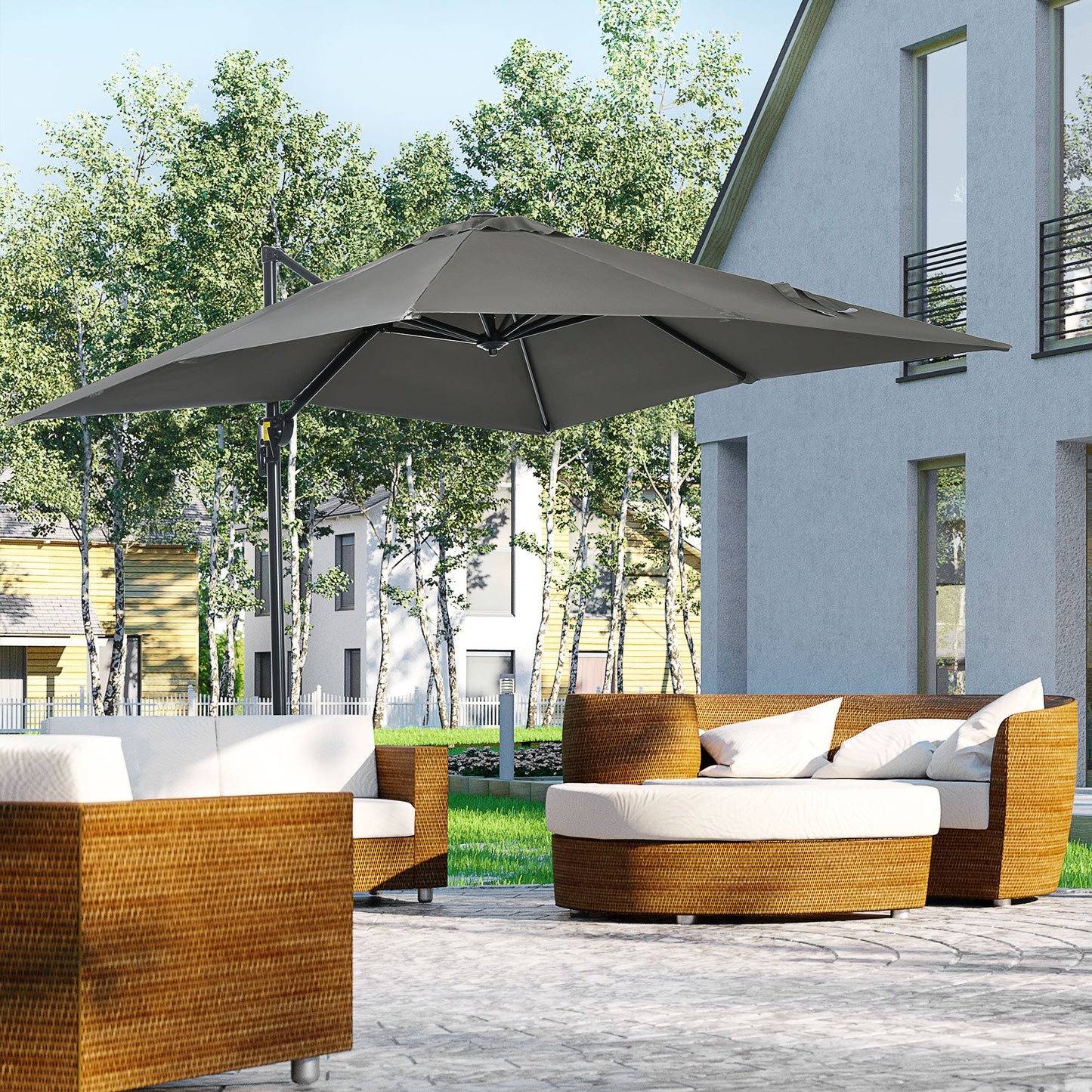 2.5 x 2.5m Patio Offset Parasol Umbrella Cantilever Hanging Aluminium Sun Shade Canopy Shelter 360° Rotation with Crank Handle and Cross Base