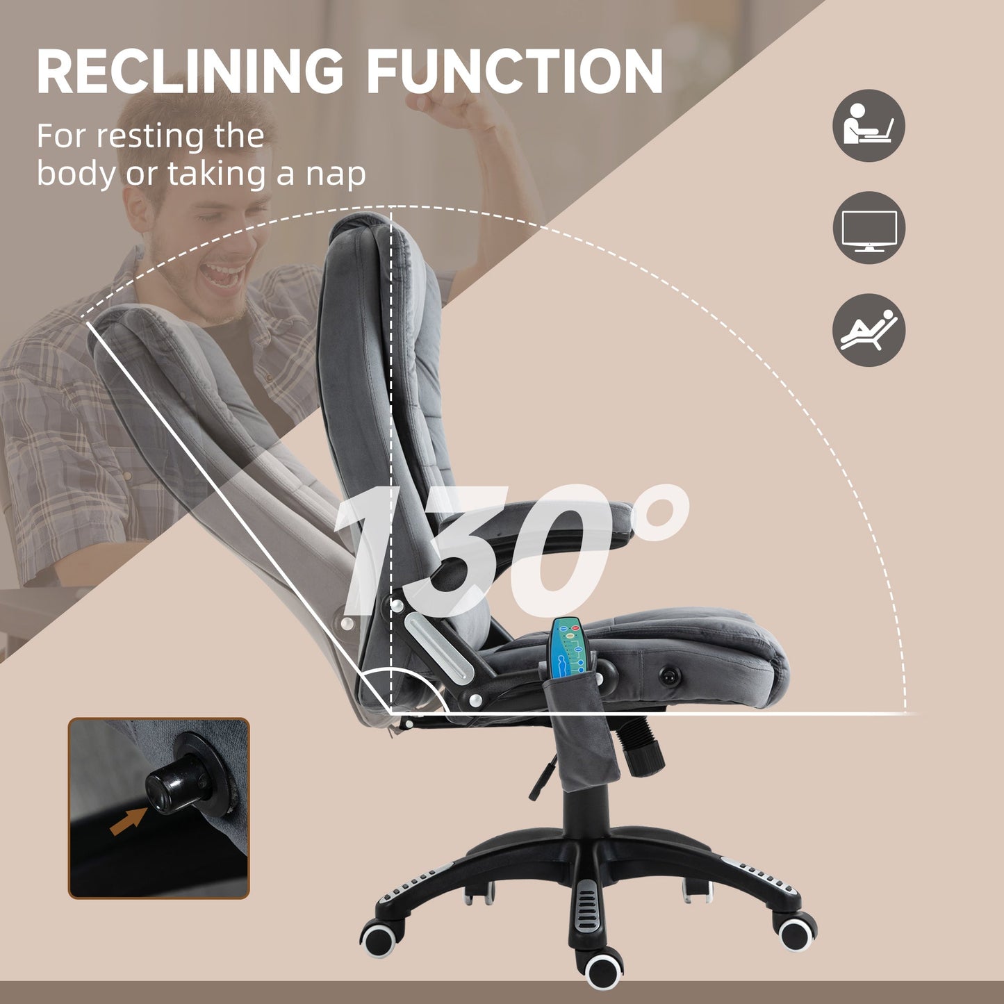 Vinsetto Massage Recliner Chair Heated Office Chair With Six Massage Points Velvet-Feel Fabric 360 Swivel Wheels Grey