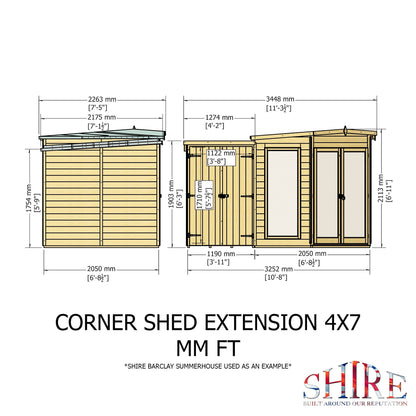 Shire Barclay 4' 2" x 7' 1" Pent Summerhouse with Side Shed - Premium Coated Shiplap