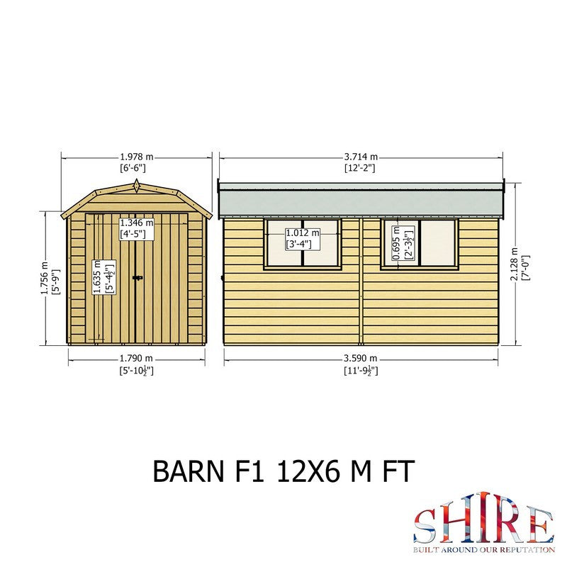 Shire Barn 11' 9" x 5' 10" Barn Shed - Premium Coated Shiplap