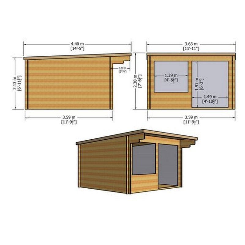 Shire Belgravia 11' 9" x 11' 9" Pent Log Cabin - Premium 28mm Cladding Tongue & Groove