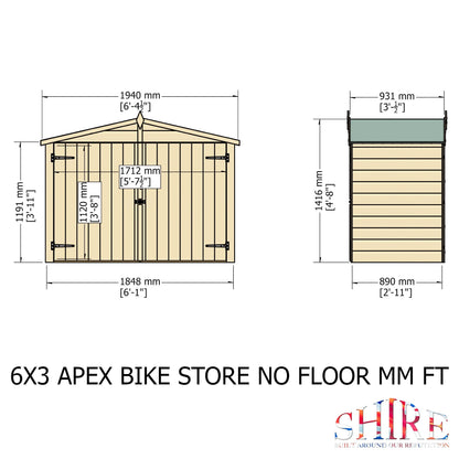 Shire Wentworth 6' x 2' 11" Apex Bike Store - Premium Dip Treated Shiplap