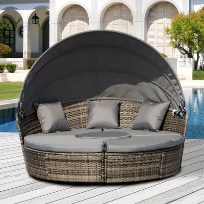 Rattan Garden Furniture Cushioned Wicker Round Sofa Bed with Coffee Table Patio Conversation Furniture Set - Grey