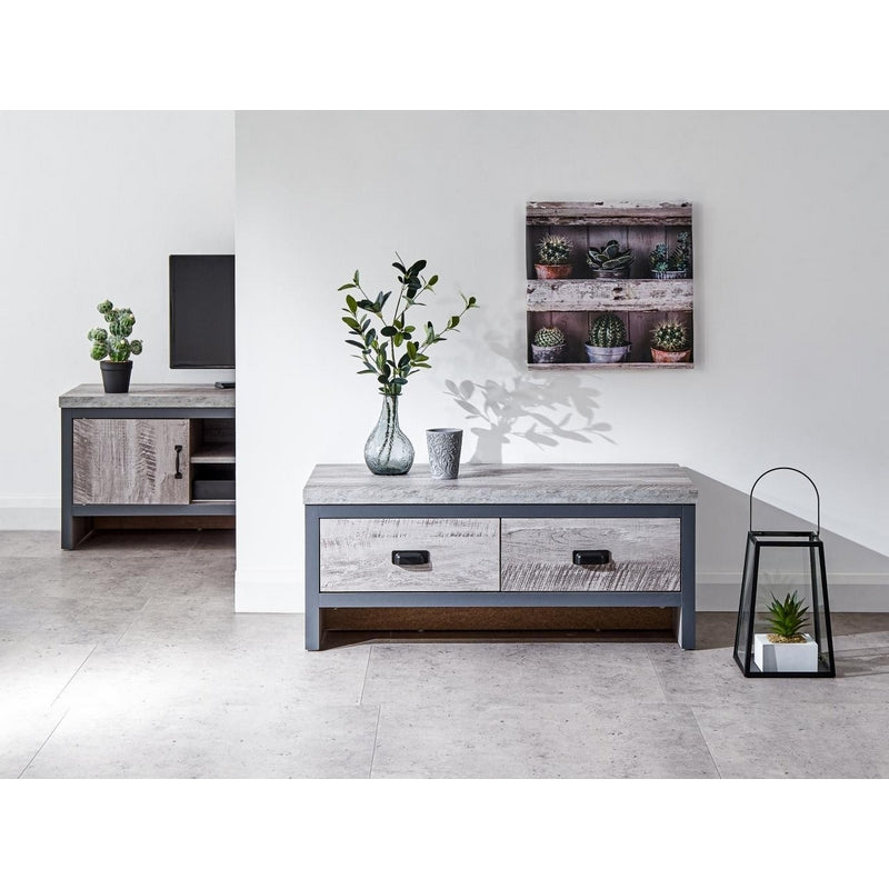 Boston Coffee Table Metal & Wood Grey 2 Drawers