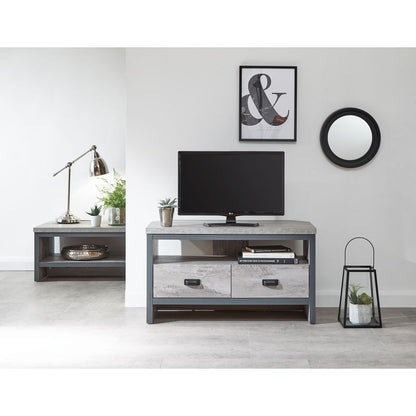 Boston TV Unit Metal & Wood Grey 1 Shelf 2 Drawers