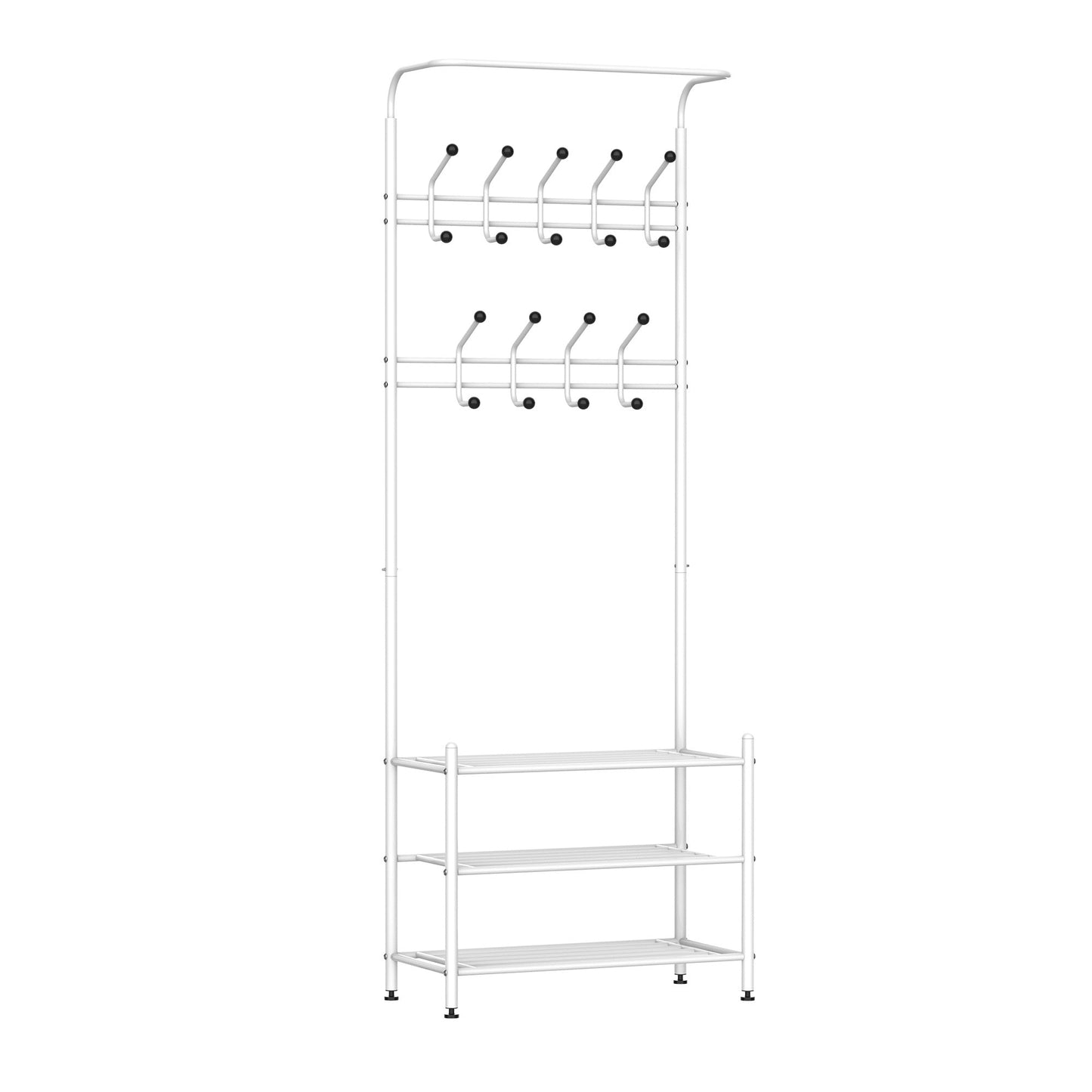 18 Hook Metal Frame Hallway Coat Hanger w/ 3-Tier Shoe Storage White