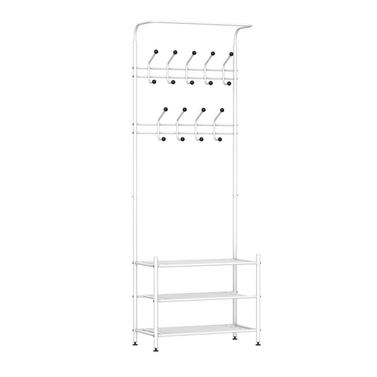 18 Hook Metal Frame Hallway Coat Hanger w/ 3-Tier Shoe Storage White