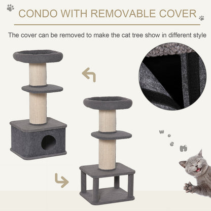 PawHut 96cm Cat Tree for Indoor Cats Kitten Tower Multi level Activity Center Pet Furniture with Sisal Scratching Post Condo Removable Cover Grey