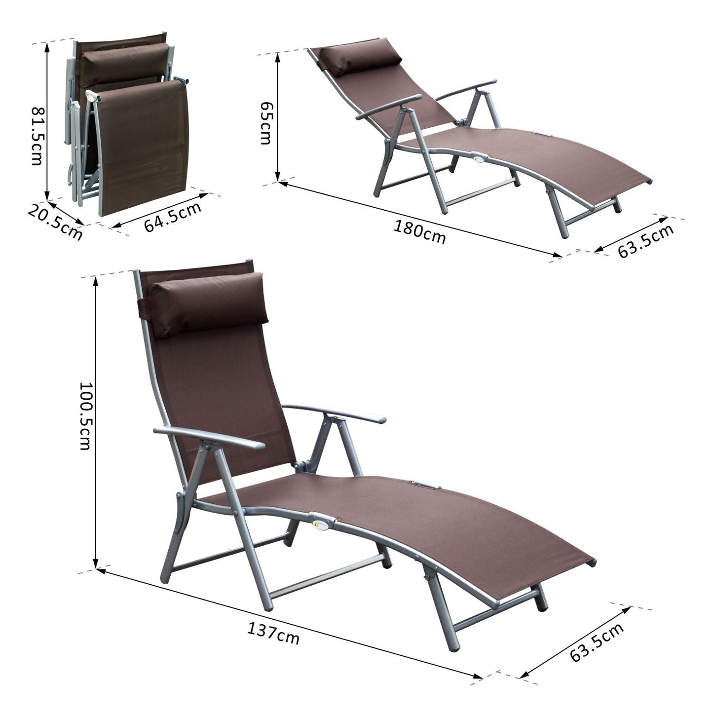 Sun Lounger Steel Frame Outdoor Folding Chaise Texteline Lounge Chair Recliner with Headrest & 7 Levels Adjustable Backrest