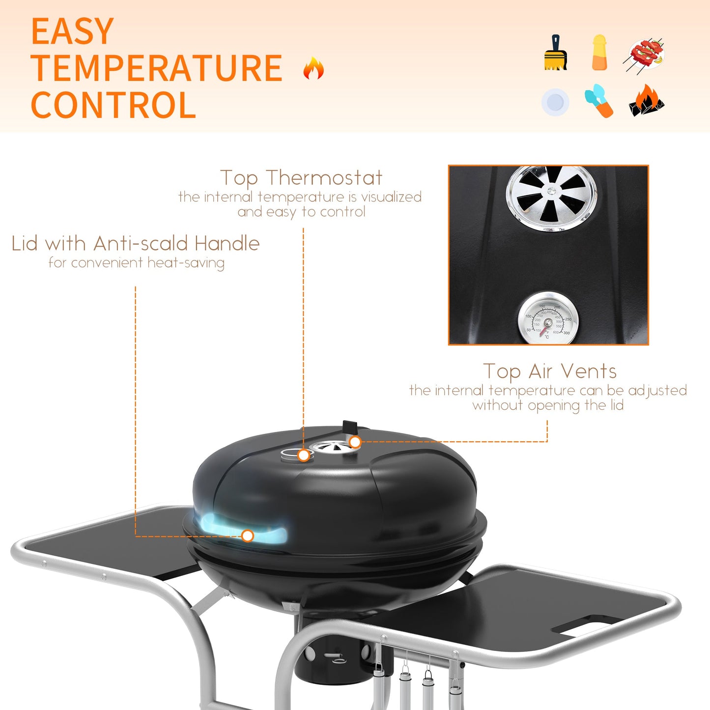 Portable Charcoal Kettle Grill Outdoor Barbecue Trolley BBQ Heat Smoker Grilling with Two wheels