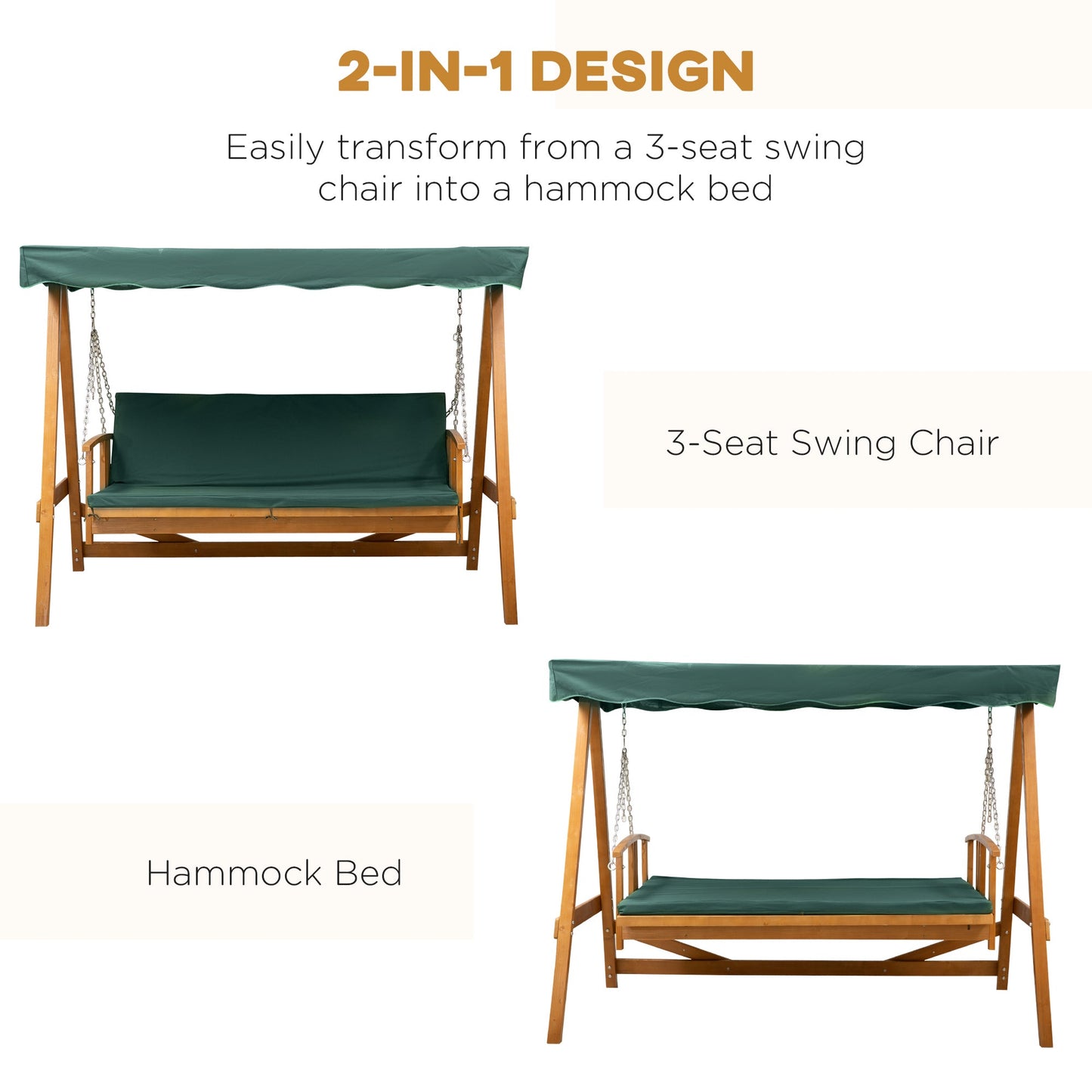 3 Seater 2-in-1 Wooden Garden Swing Seat Swing Chair Outdoor Convertible Hammock Bench Furniture Lounger Bed Wood