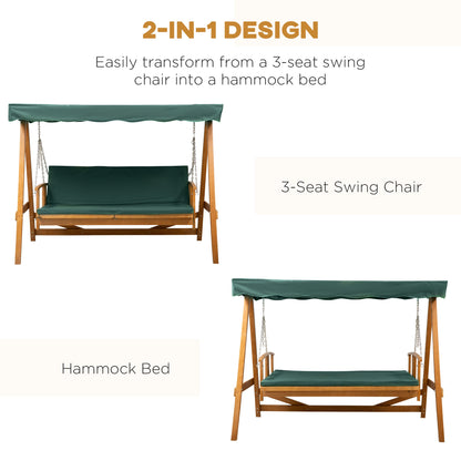 3 Seater 2-in-1 Wooden Garden Swing Seat Swing Chair Outdoor Convertible Hammock Bench Furniture Lounger Bed Wood