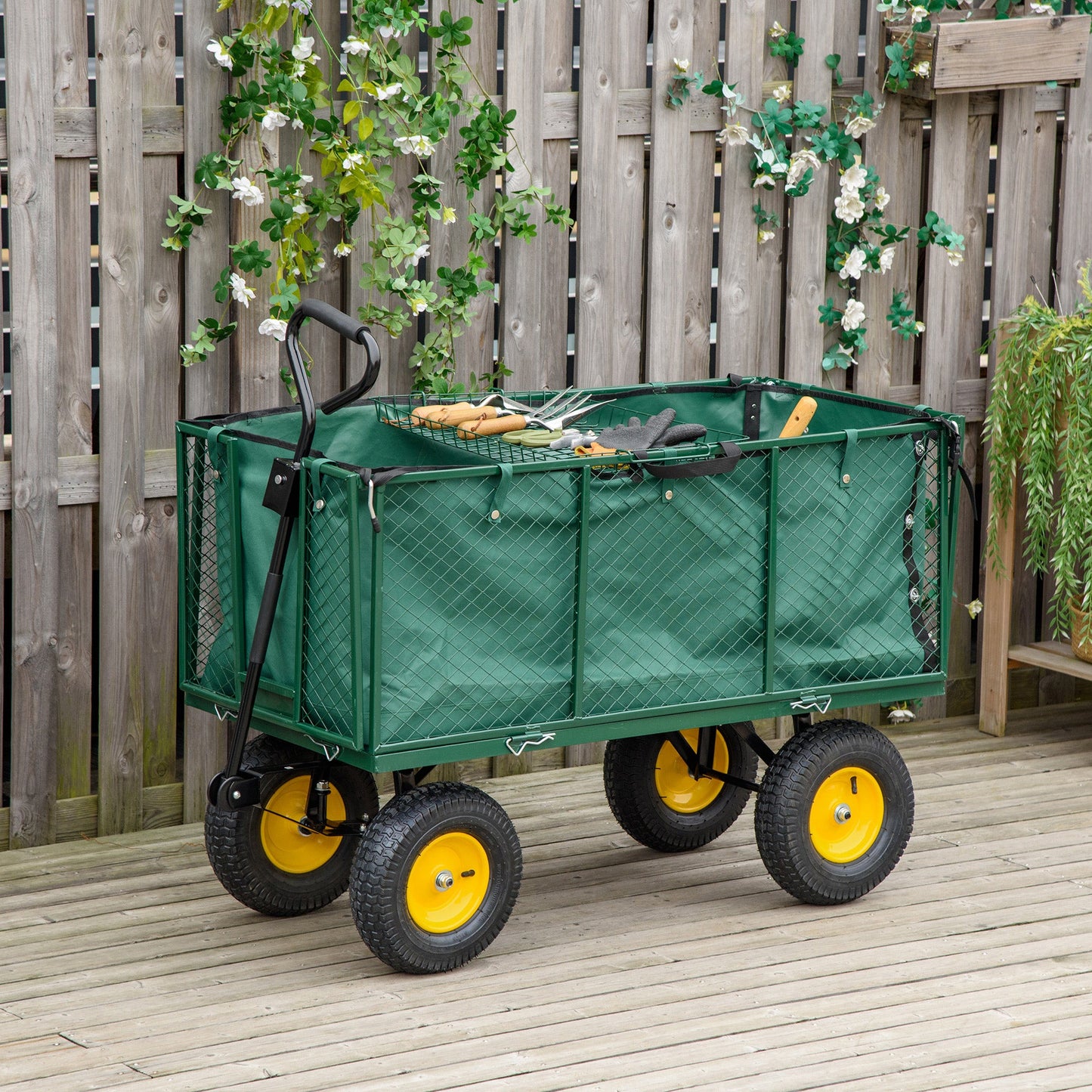 Large 4 Wheel Heavy Duty Garden Cart Truck Trolley Wheelbarrow with Handle and Metal Frame - Green