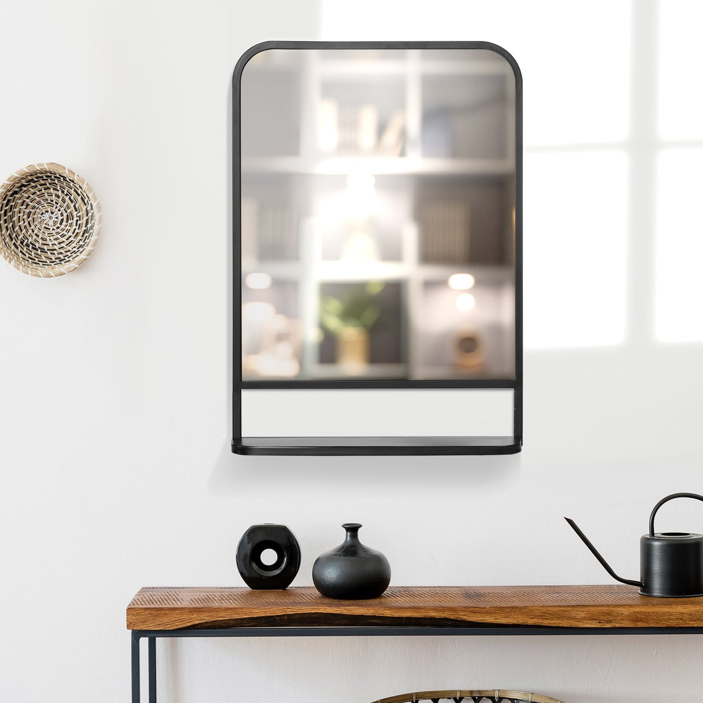 Modern Square Wall Mirror with Storage Shelf