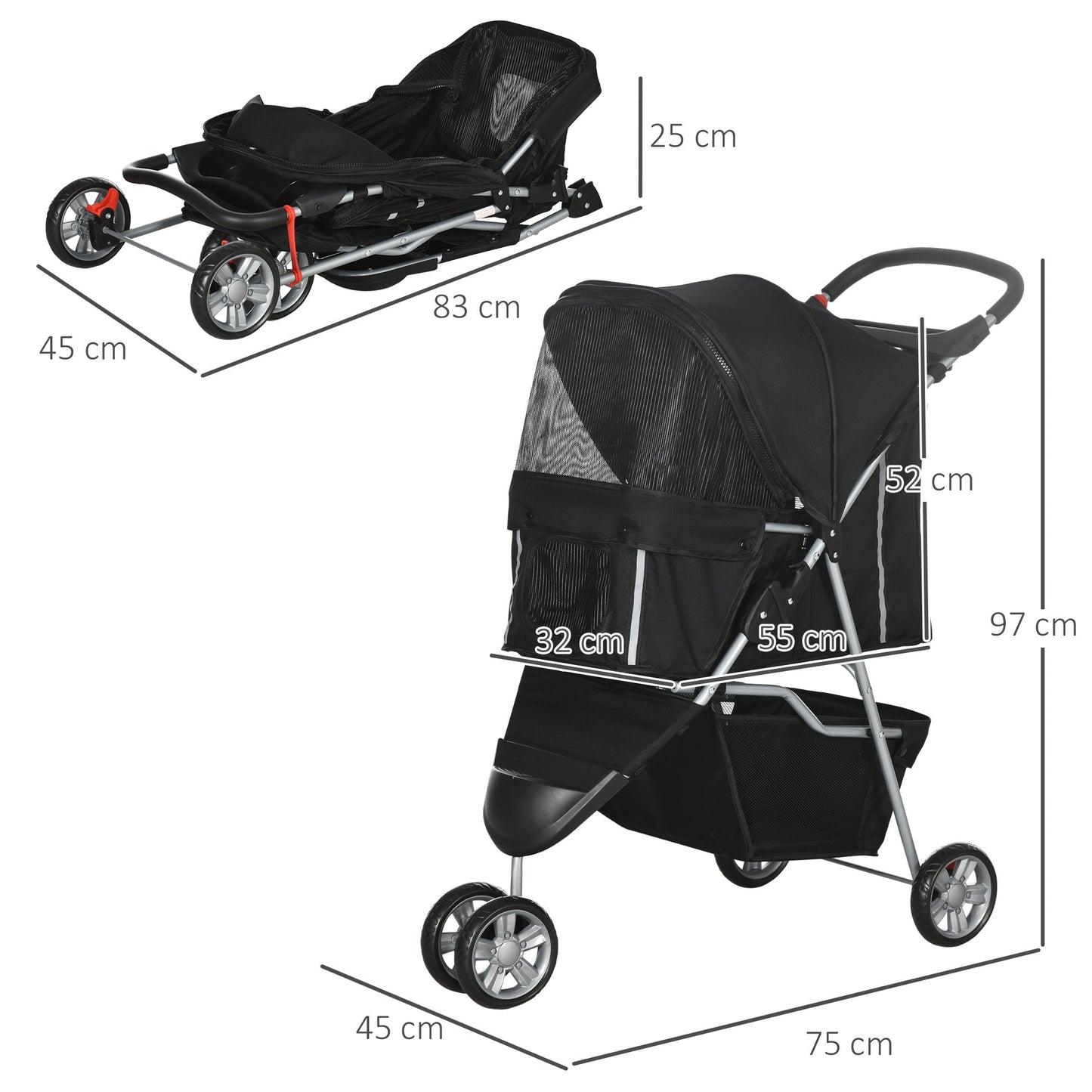 PawHut Pet Travel Stroller Cat Dog Pushchair Trolley Puppy Jogger Carrier Three Wheels for Small Miniature DogsBlack