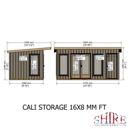 Shire Cali 8' 5" x 15' 6" Pent Garden Office with Storage - Premium Wax Board