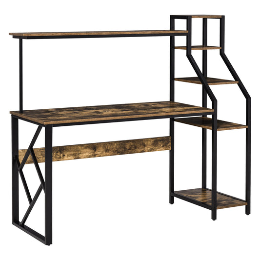 Computer Desk with Shelves Home Office Study Table with 6 Tier Storage Industrial Workstation for Small Spaces Rustic Brown