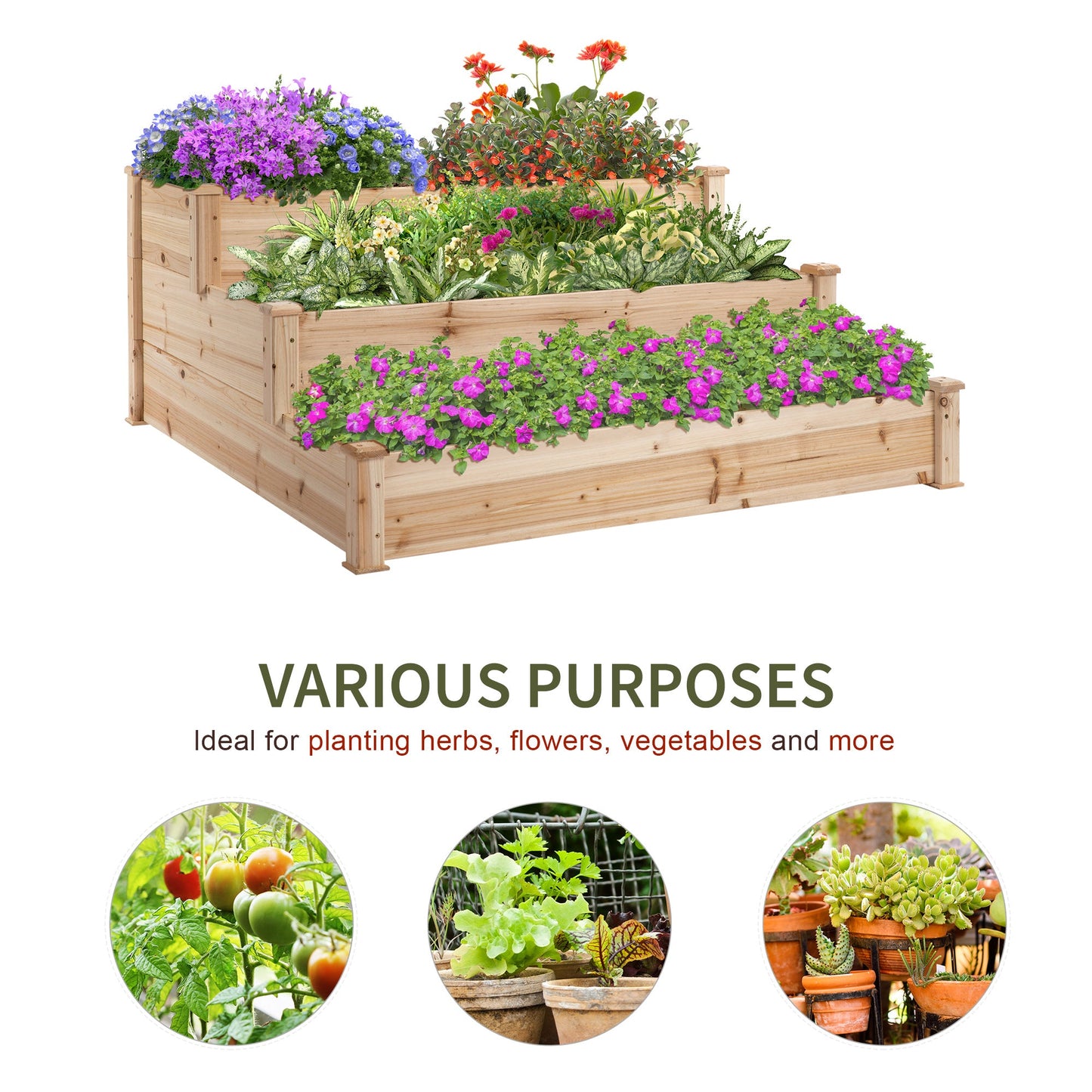 470L Wooden Raised Garden Bed 3-Tier Planter Kit Elevated Planter Box Stand for Yard & Patio 124 x 124 x 56 cm