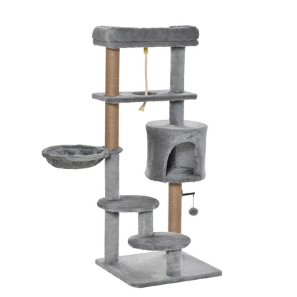 PawHut Cat Tree Tower for Indoor Cats 120cm Climbing Kitten Activity Center with Jute Scratching Post Perch Hanging Ball Hammock Teasing Rope Condo Toy Light Grey