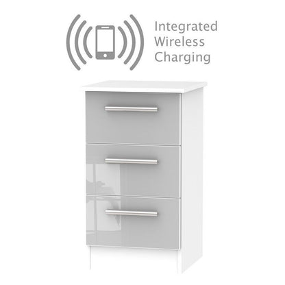 Buxton Wireless Charger Slim Bedside Table White & Grey 3 Drawers