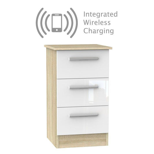 Buxton Wireless Charger Slim Bedside Table Natural & White 3 Drawers