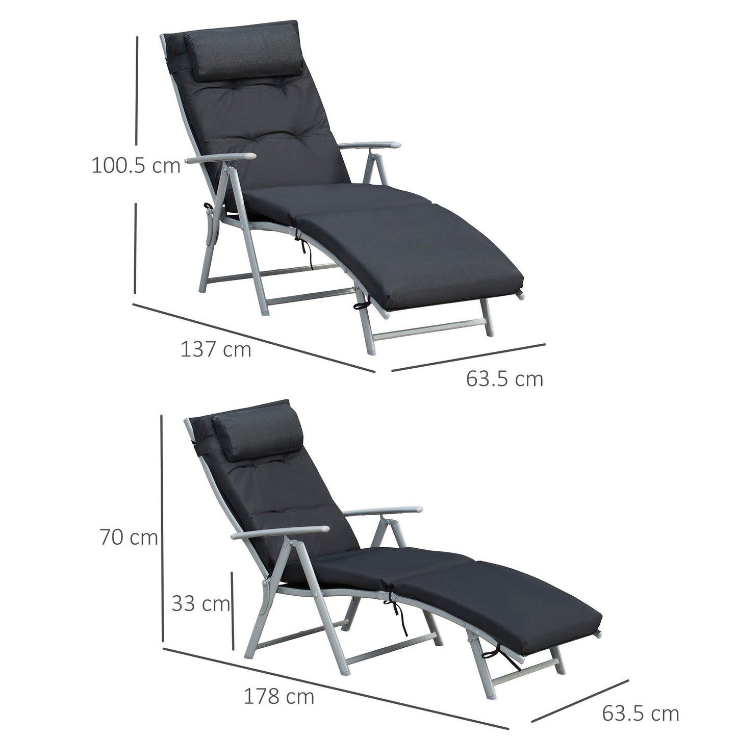 Outsunny Steel Frame Outdoor Garden Padded Sun Lounger w/ Pillow Black