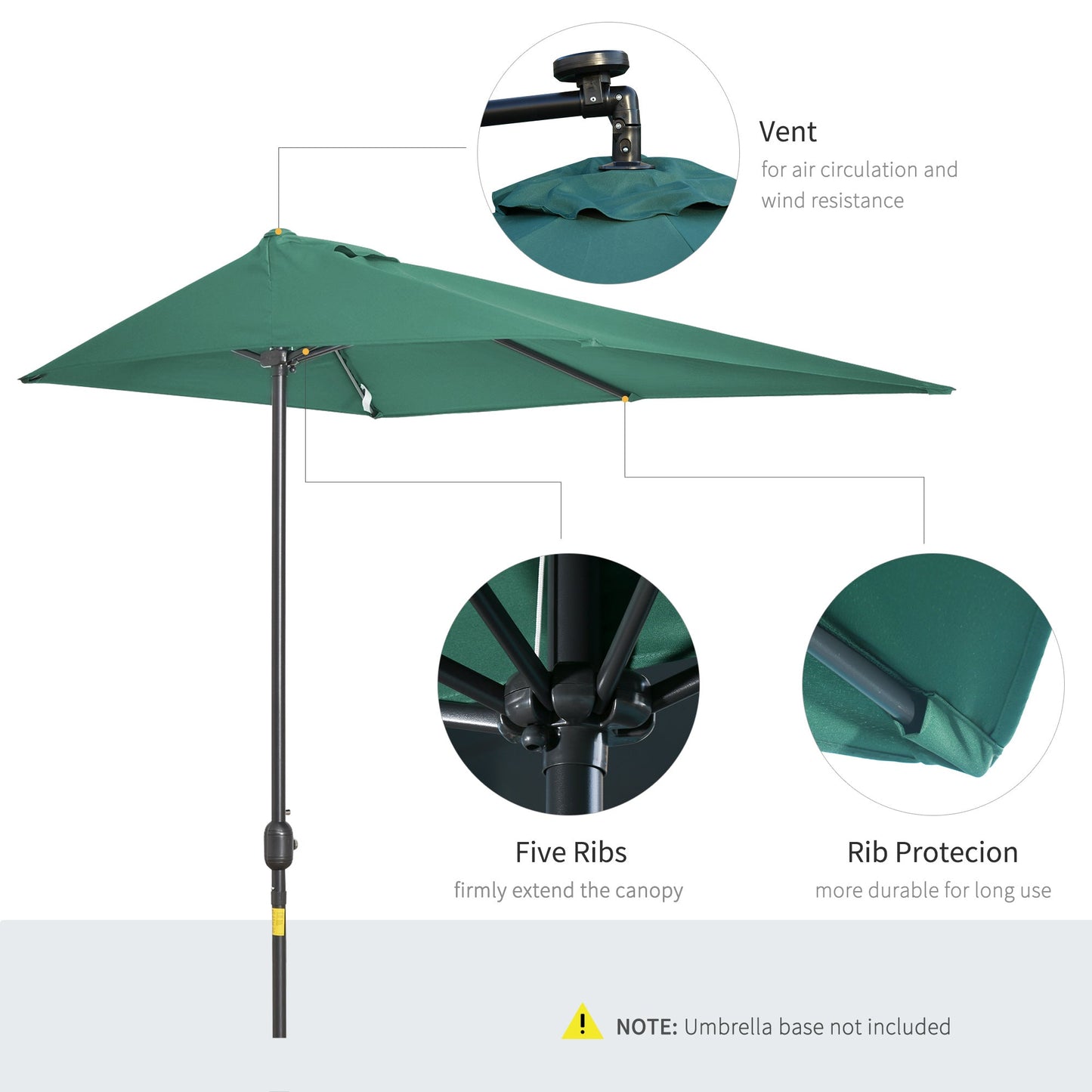 2.3m Half Round Parasol Umbrella Balcony Sun Shade Metal Green