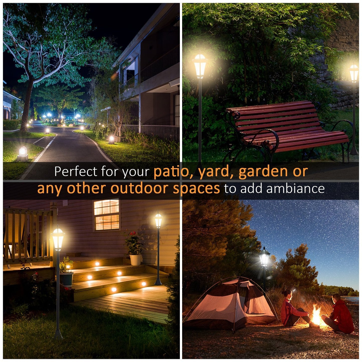 2-Piece LED Garden Lights Lamp Post Solar Powered Lantern Patio Pathway Walkway Outdoor Water-Resist Auto Switch 6 Hours Black