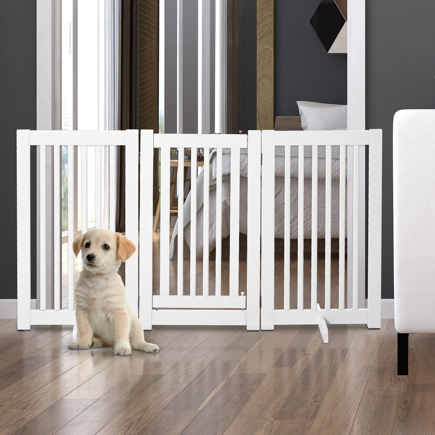 PawHut Pet Gate Medium-density fibreboard Freestanding Expandable Dog Gate Wood Doorway Pet Barrier Fence w/ Latched Door White