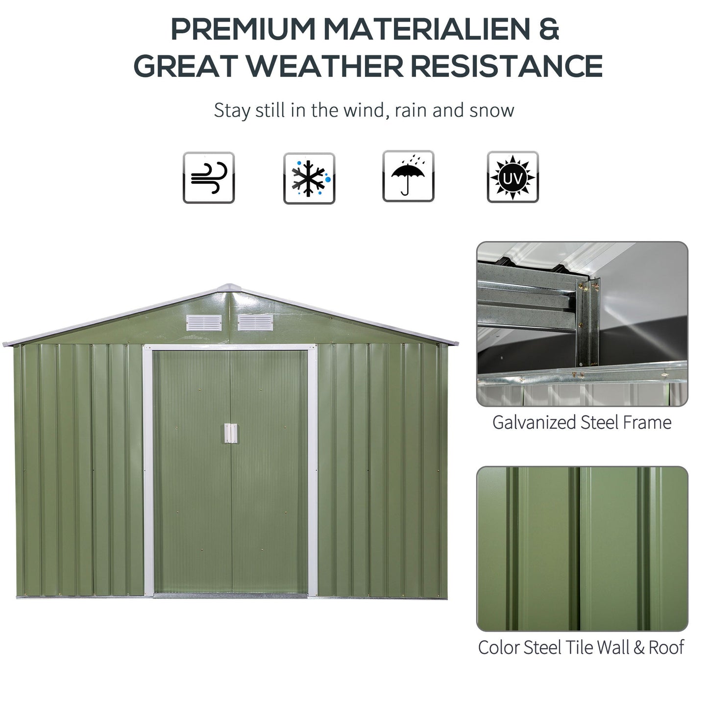 Corrugated 9 x 6' Double Door Apex Garden Shed With Ventilation Steel Green by Steadfast