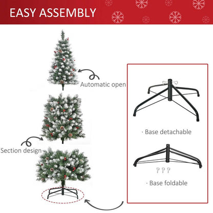 6FT Artificial Christmas Tree Foldable Feet Xmas Pencil Tree with Red Berries and Pinecones