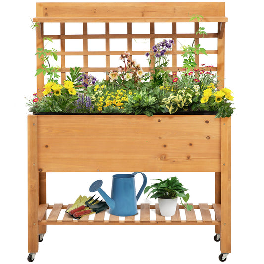 Wooden Planter Raised Elevated Garden Bed with 2 Shelves for Vegetables Flowers