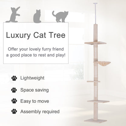 PawHut Floor to Ceiling Cat Tree for Indoor Cats 5-Tier Kitty Tower Climbing Activity Center Scratching Post Adjustable Height 230-260 cm Beige