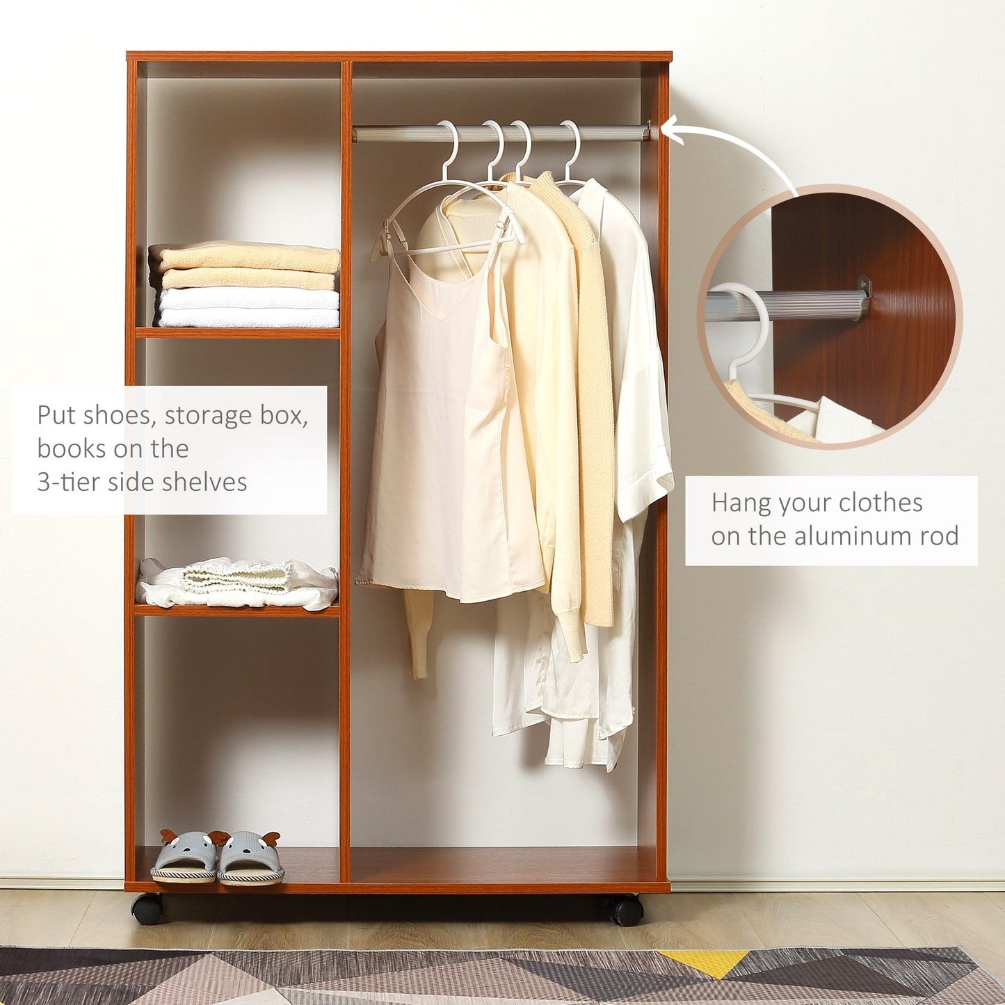 Open Wardrobe with Hanging Rail and Storage Shelves w/Wheels Bedroom-Walnut