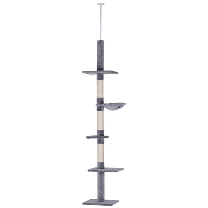 PawHut Floor to Ceiling Cat Tree for Indoor Cats 5-Tier Kitty Tower Climbing Activity Center Scratching Post Adjustable Height 230-260 cm Grey