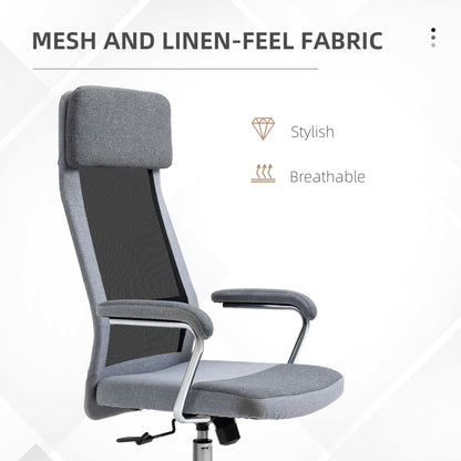 Vinsetto Office Chair Linen-Feel Mesh Fabric High Back Swivel Computer Task Desk Chair For Home With Arm Wheels Grey