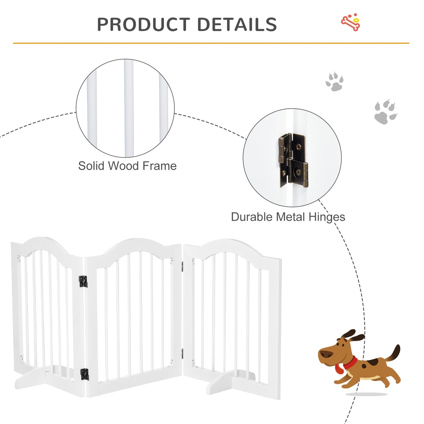 PawHut 3 Panels Dog Gate w/ Support Feet Fence Safety Barrier Freestanding Wood White